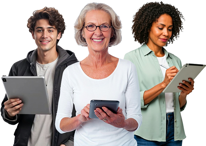 three adults posing together, each holding a tablet device