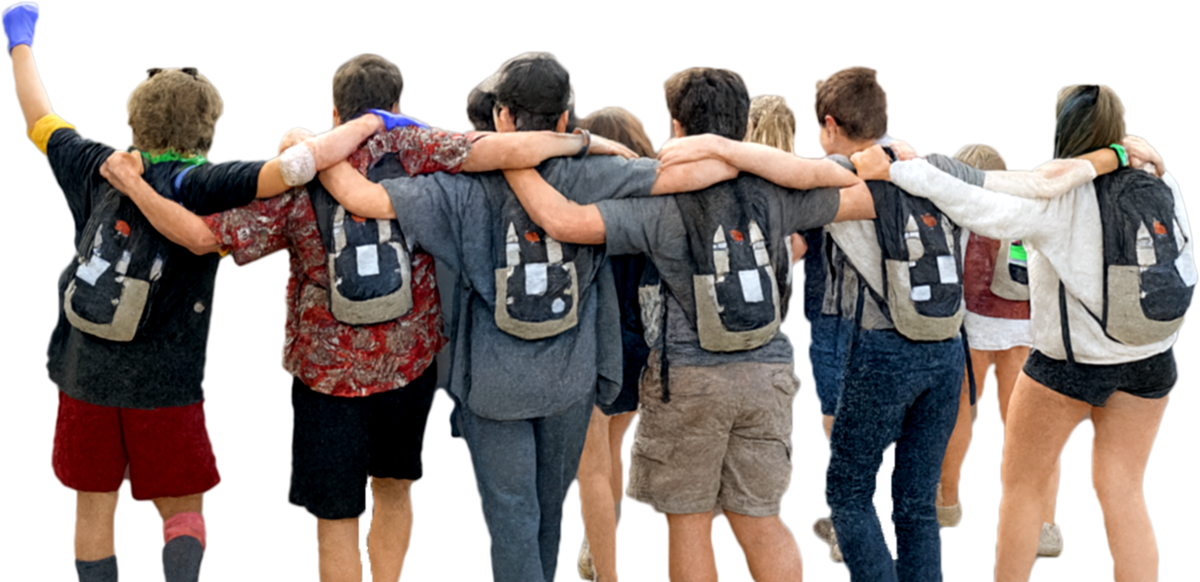 several adventurers with backs to camera and arms over each others shoulders