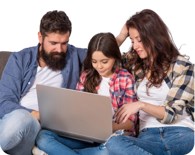 two parents sit with their young female student using a laptop
